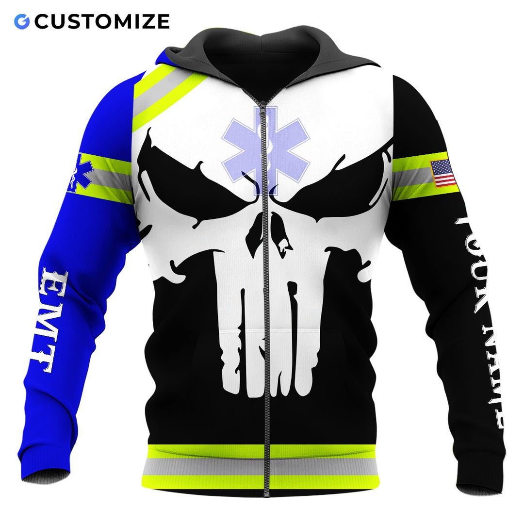 Personalized EMS paramedic zip hoodie featuring white skull and emt print all-over print, zip-front design