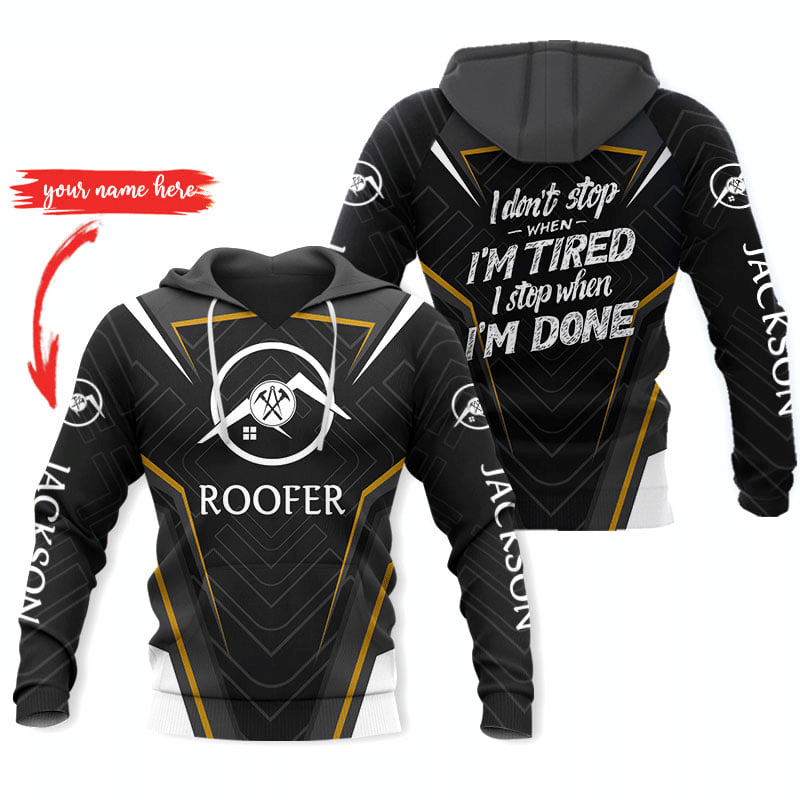 Roofer hoodie featuring black white gold tool badge all-over print
