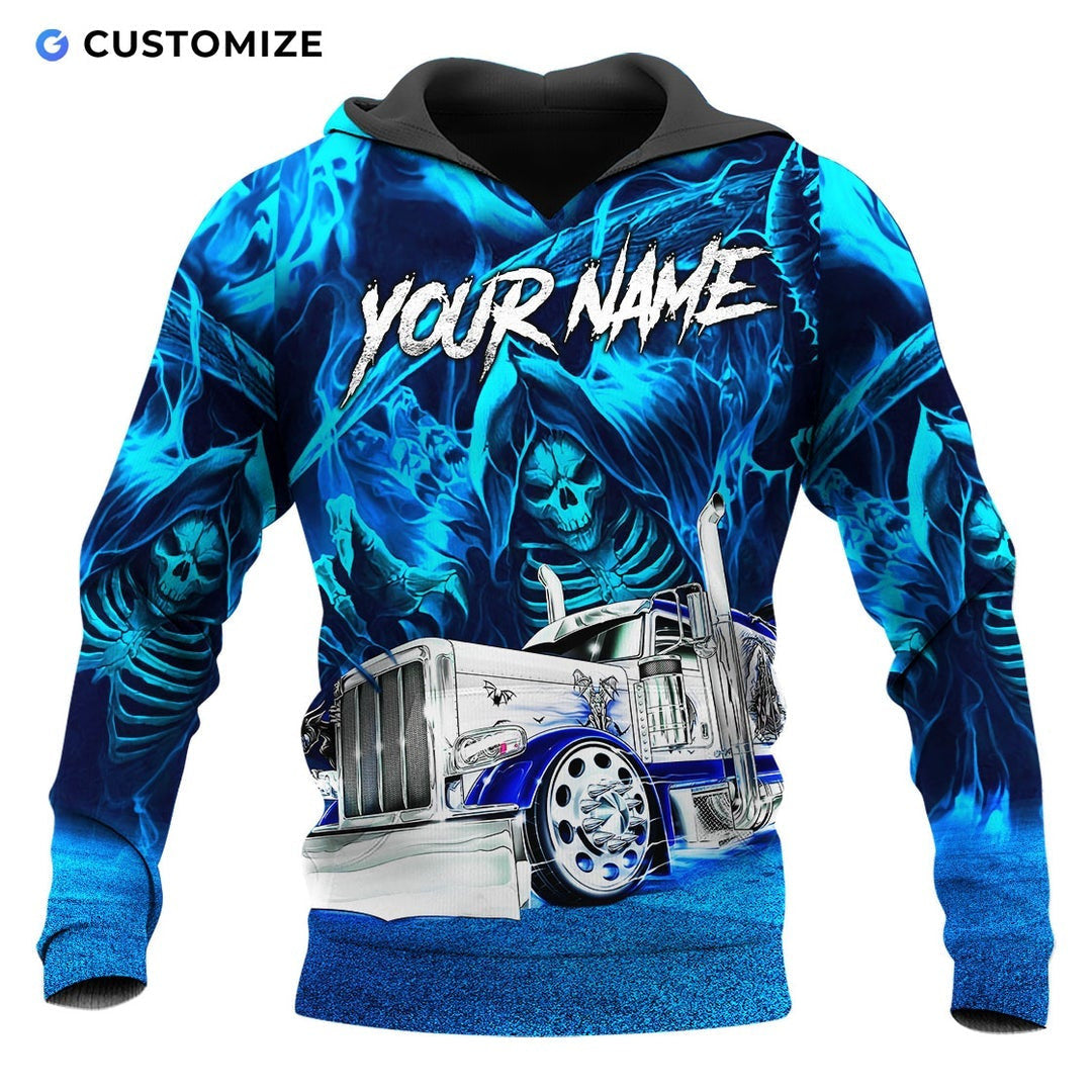 Personalized trucker hoodie featuring blue grim reaper semi truck all-over print