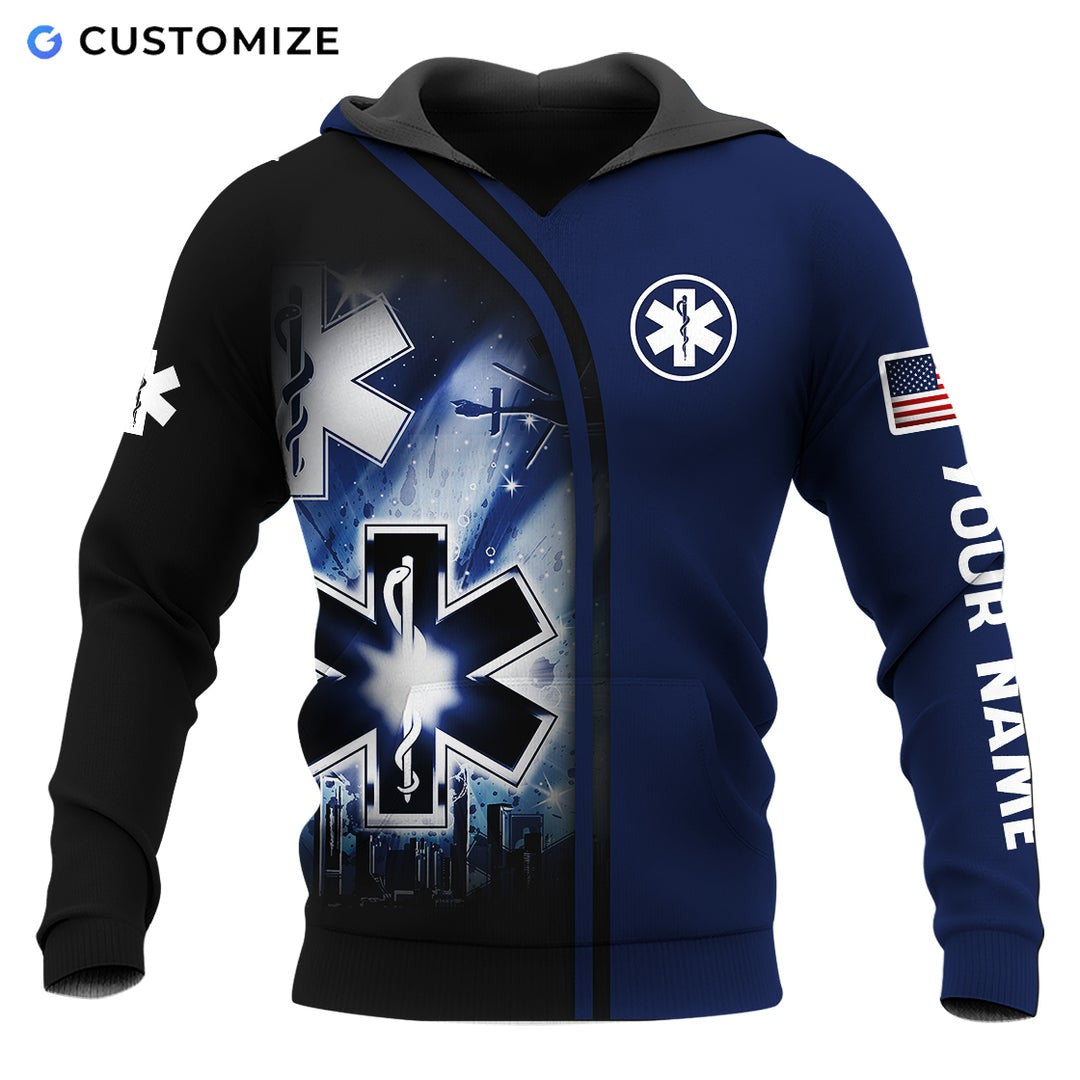 Personalized EMS paramedic hoodie featuring navy paramedic star of life all-over print