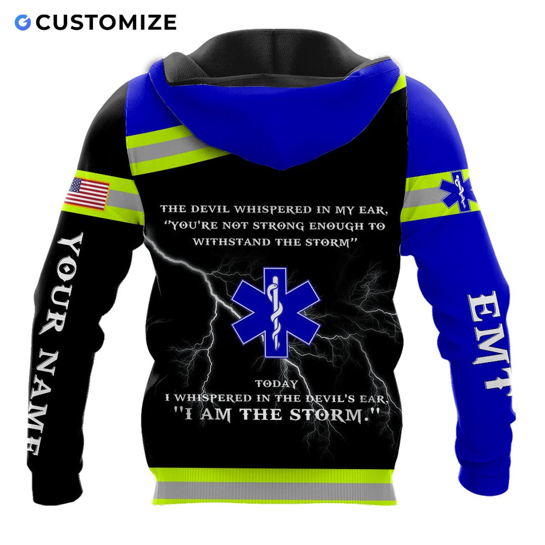 Personalized EMS paramedic hoodie featuring white skull and emt print all-over print, back view