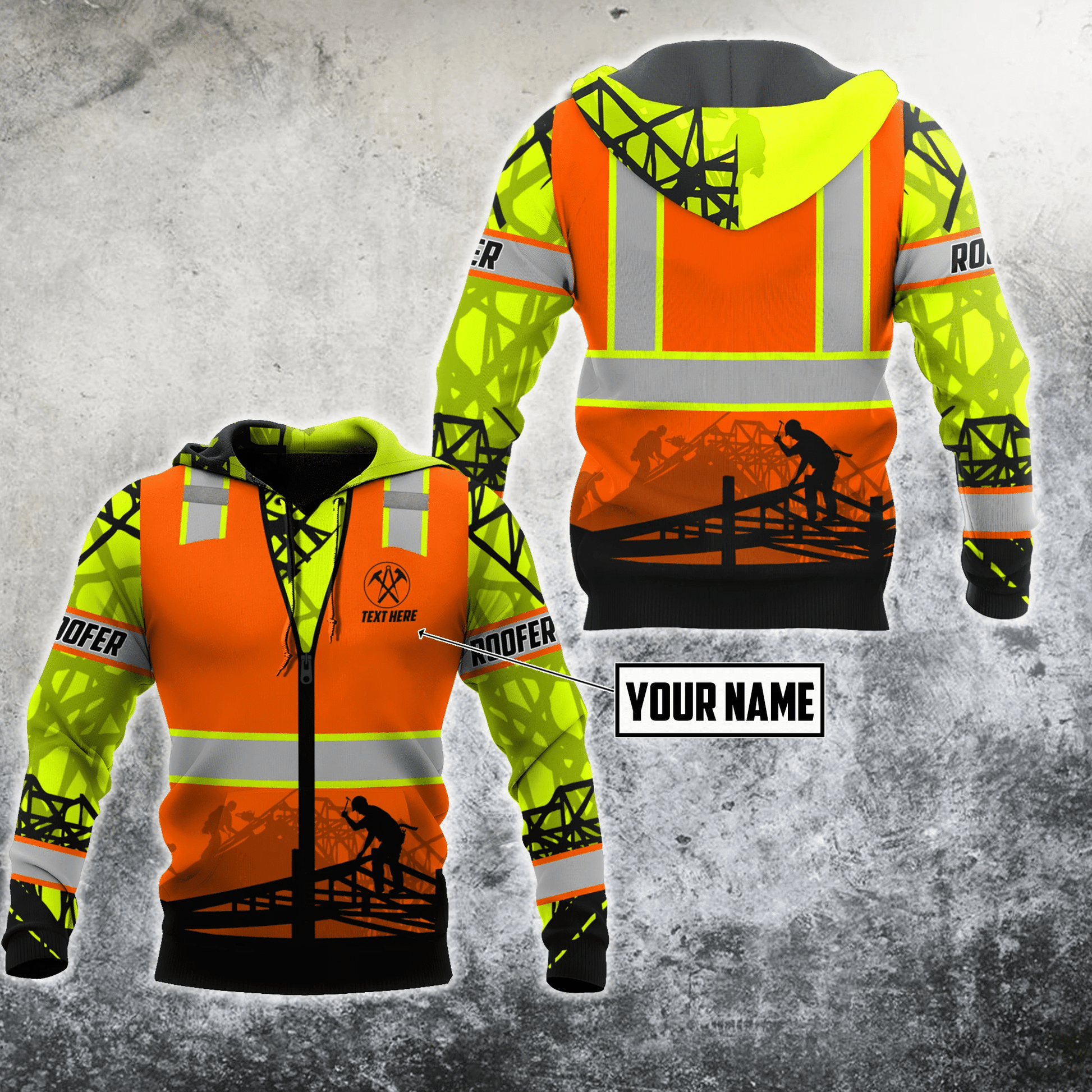 Personalized roofer zip hoodie featuring orange vest print and roofing scene all-over print