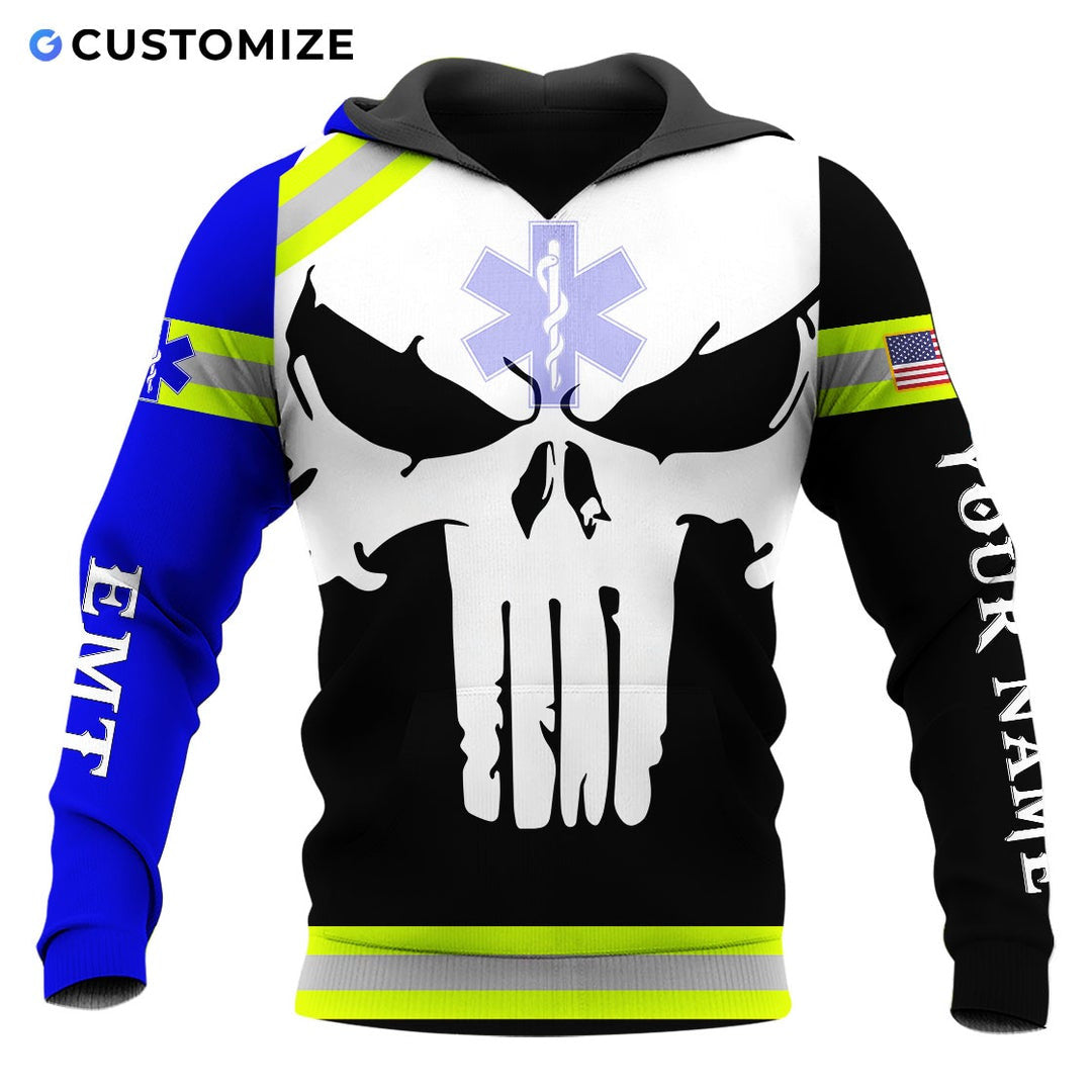 Personalized EMS paramedic hoodie featuring white skull and emt print all-over print