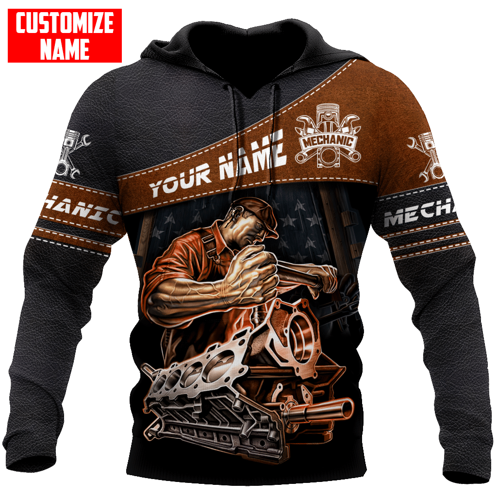 Personalized mechanic hoodie featuring brown engine repair illustration all-over print