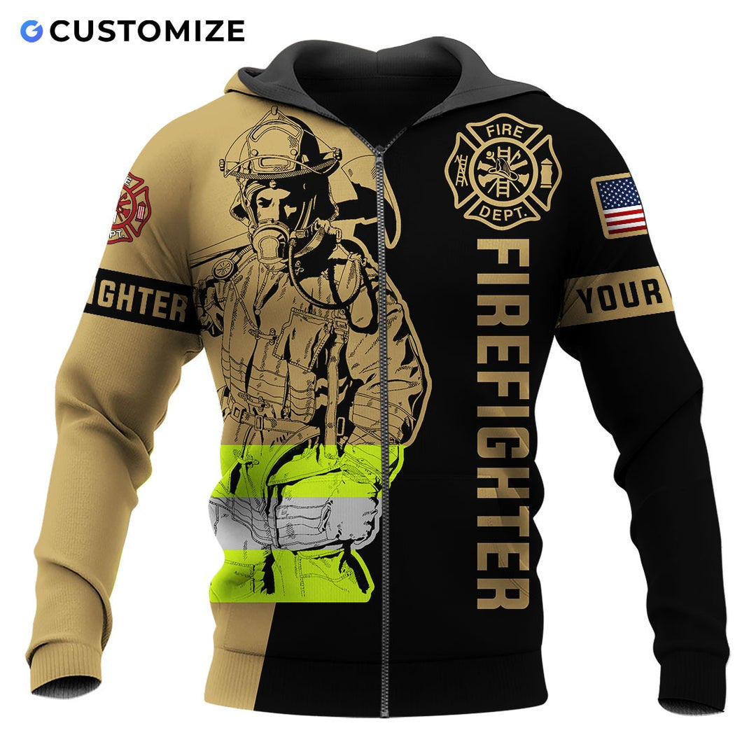 Personalized firefighter zip hoodie featuring firefighter axe illustration all-over print, zip-front design