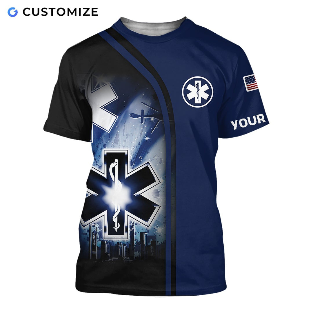 Personalized EMS paramedic t-shirt featuring navy paramedic star of life all-over print, short-sleeve design