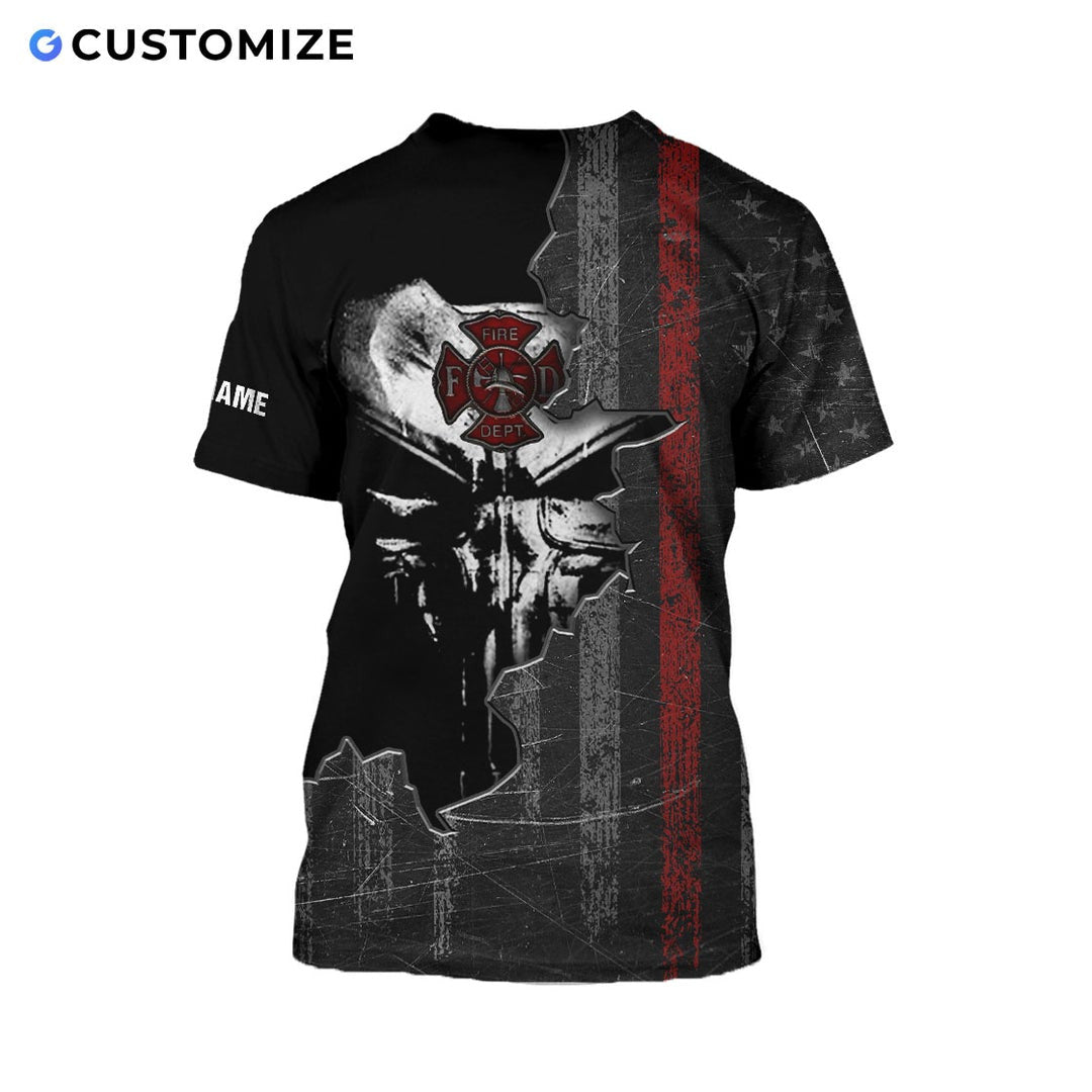 Personalized firefighter t-shirt featuring black skull thin red line all-over print, back view