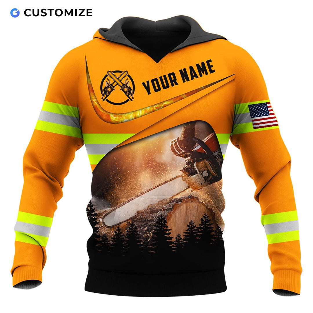 Personalized logger hoodie featuring orange forest chainsaw scene all-over print