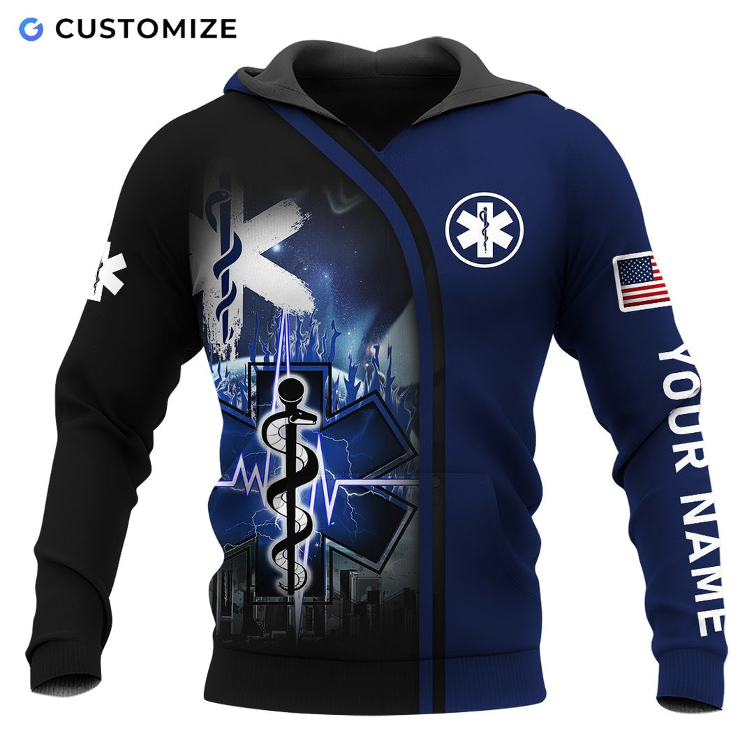Personalized EMS paramedic hoodie featuring blue star of life cityscape all-over print