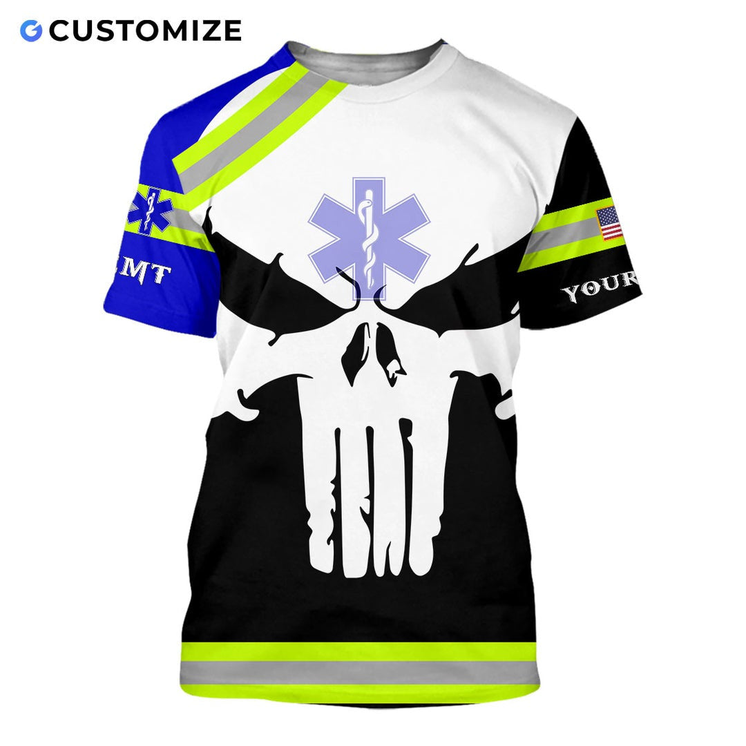 Personalized EMS paramedic t-shirt featuring white skull and emt print all-over print, short-sleeve design