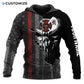 Personalized firefighter zip hoodie featuring black skull thin red line all-over print, zip-front design