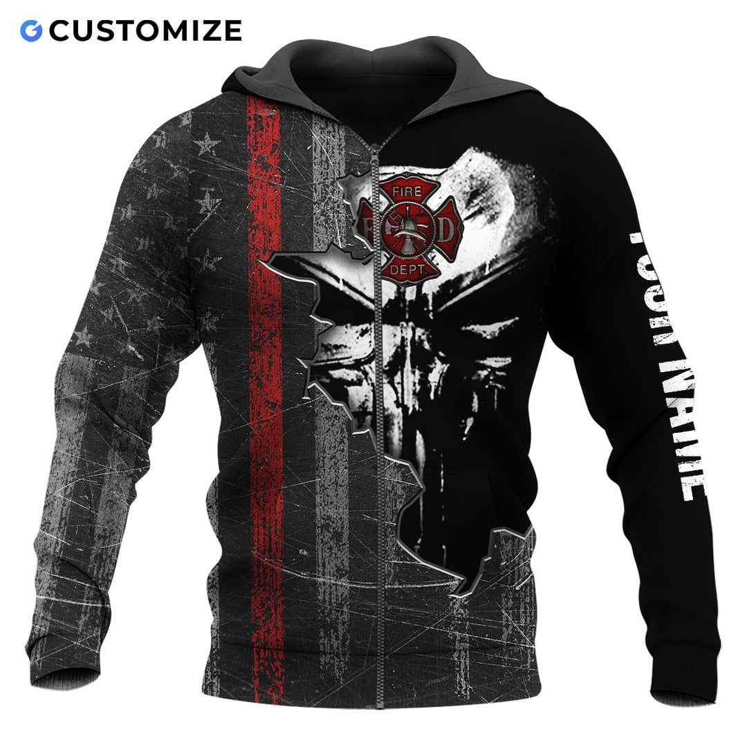 Personalized firefighter zip hoodie featuring black skull thin red line all-over print, zip-front design