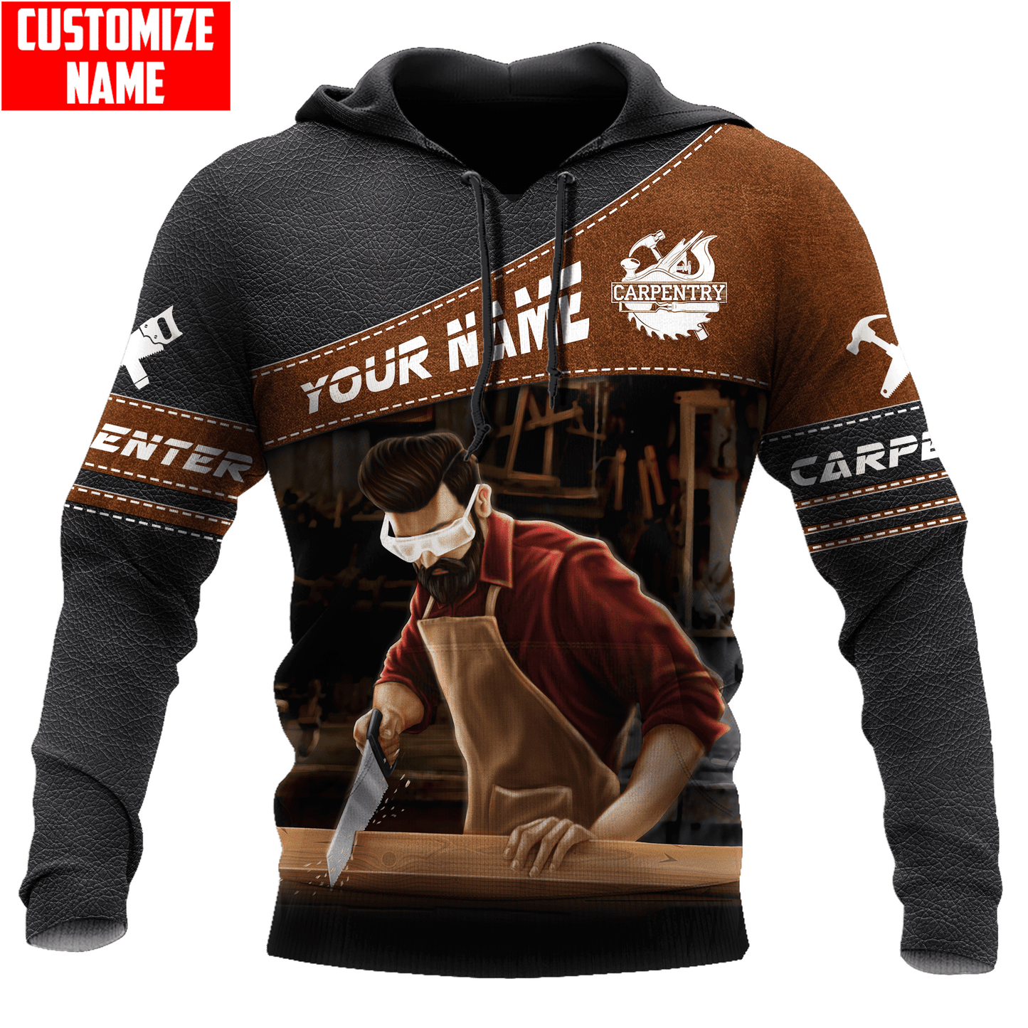 Personalized carpenter hoodie featuring brown diagonal band hand plane all-over print