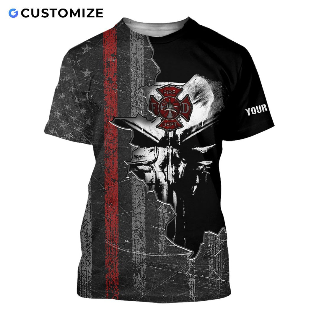 Personalized firefighter t-shirt featuring black skull thin red line all-over print, short-sleeve design