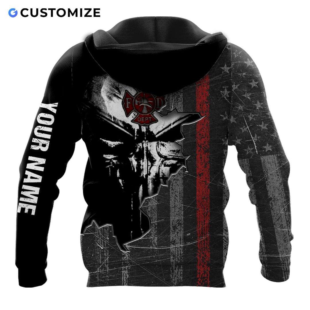Personalized firefighter hoodie featuring black skull thin red line all-over print, back view