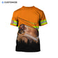 Personalized logger t-shirt featuring orange forest chainsaw scene all-over print, back view