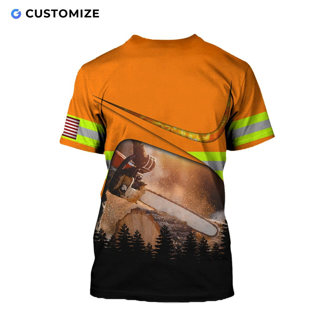 Personalized logger t-shirt featuring orange forest chainsaw scene all-over print, back view