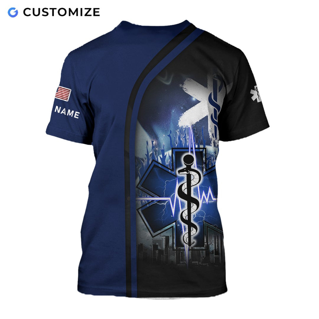Personalized EMS paramedic t-shirt featuring blue star of life cityscape all-over print, back view