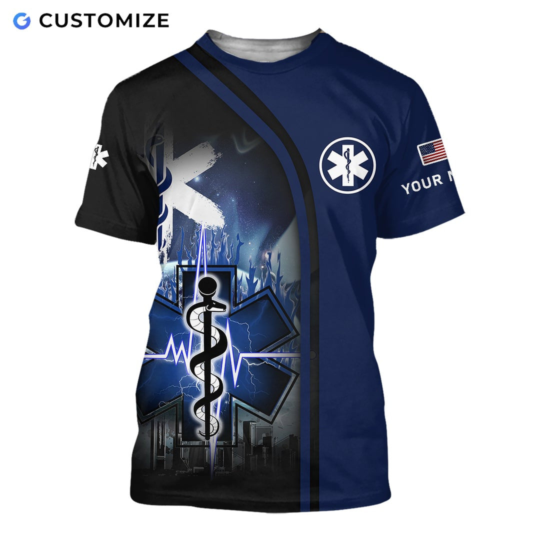Personalized EMS paramedic t-shirt featuring blue star of life cityscape all-over print, short-sleeve design