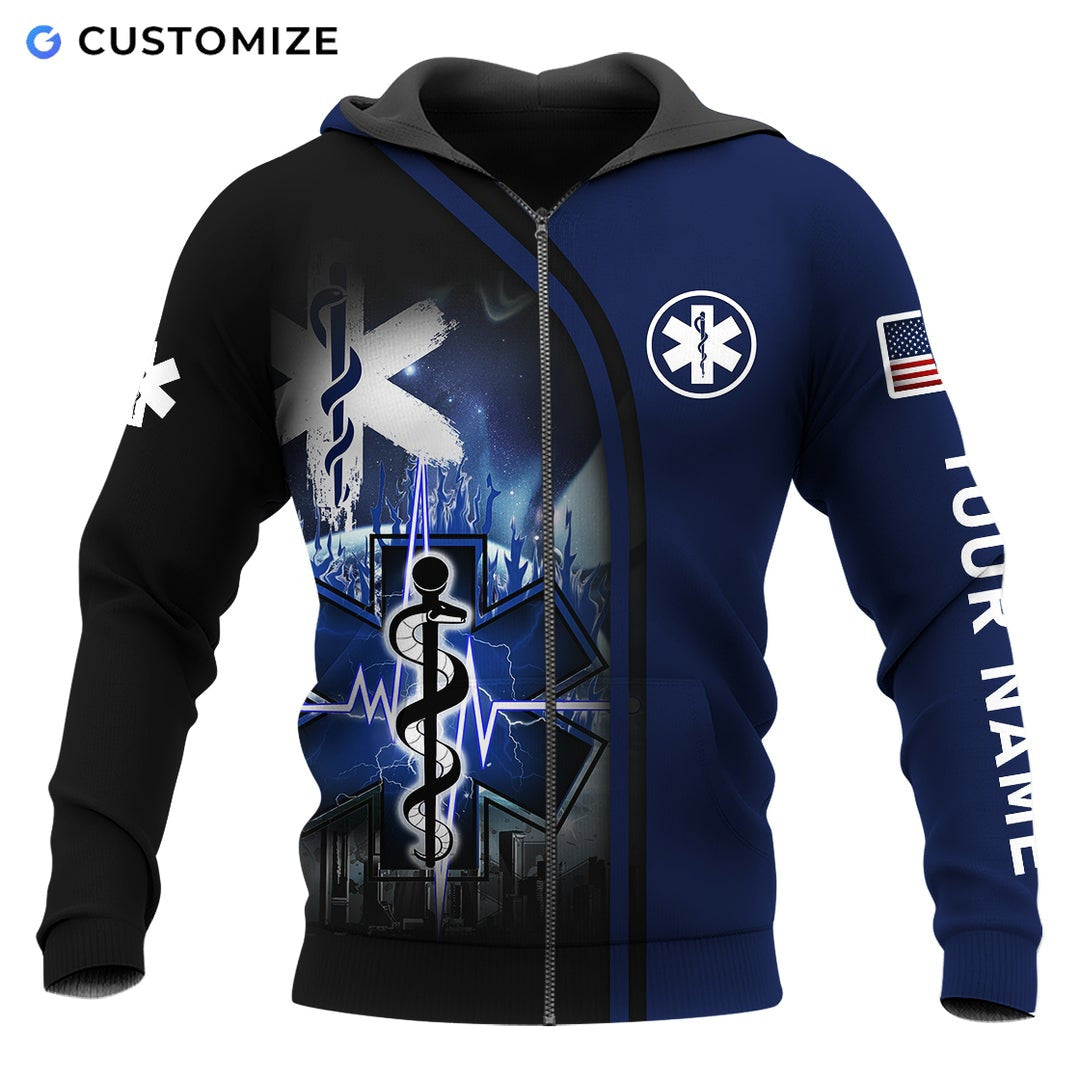 Personalized EMS paramedic zip hoodie featuring blue star of life cityscape all-over print, zip-front design