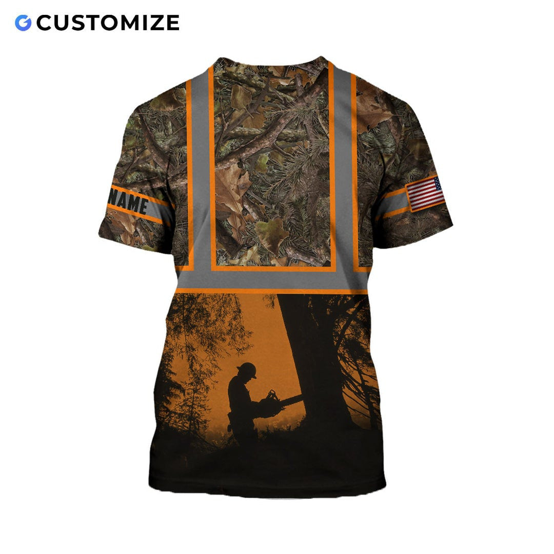 Personalized logger t-shirt featuring woodland camouflage orange logger silhouette all-over print, back view