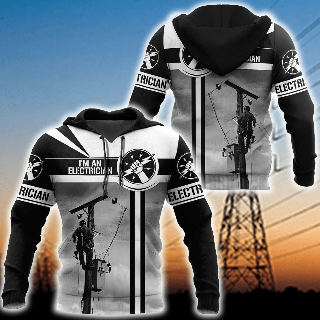 Personalized electrician hoodie featuring black white lineman and sunset powerlines all-over print