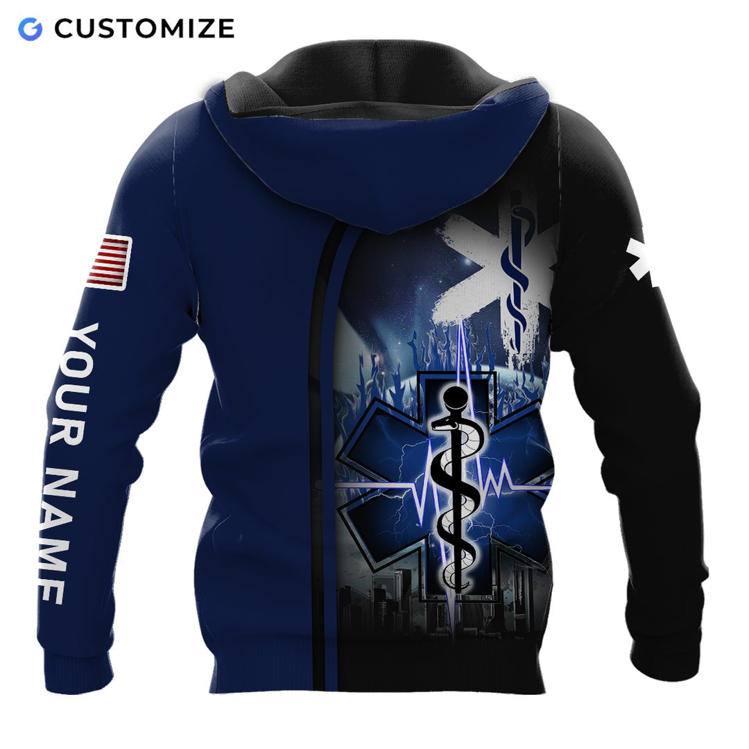 Personalized EMS paramedic hoodie featuring blue star of life cityscape all-over print, back view