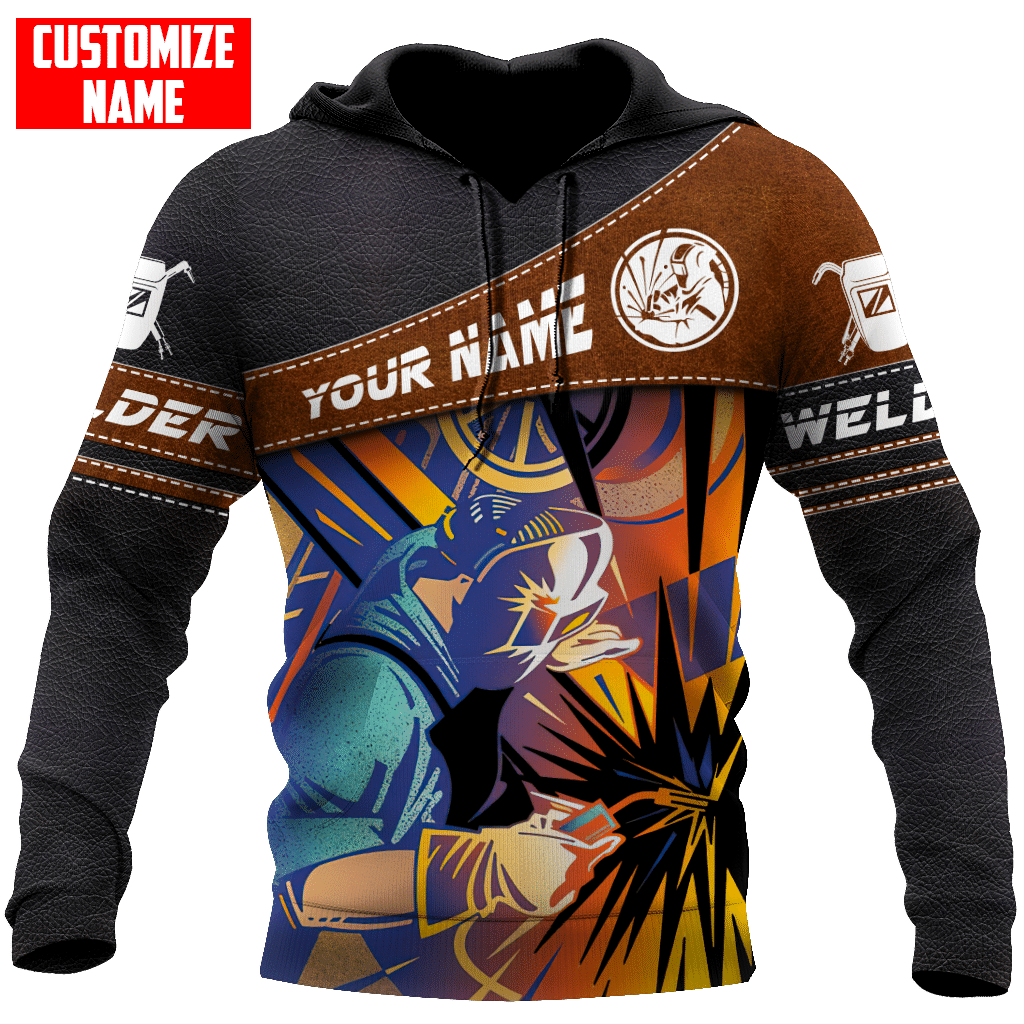 Personalized welder hoodie featuring brown panel colourful welding sparks all-over print