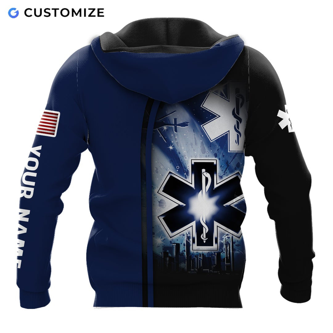 Personalized EMS paramedic hoodie featuring navy paramedic star of life all-over print, back view