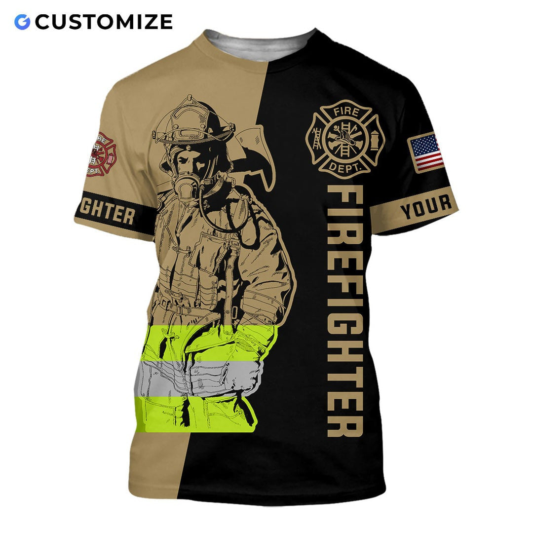 Personalized firefighter t-shirt featuring firefighter axe illustration all-over print, short-sleeve design