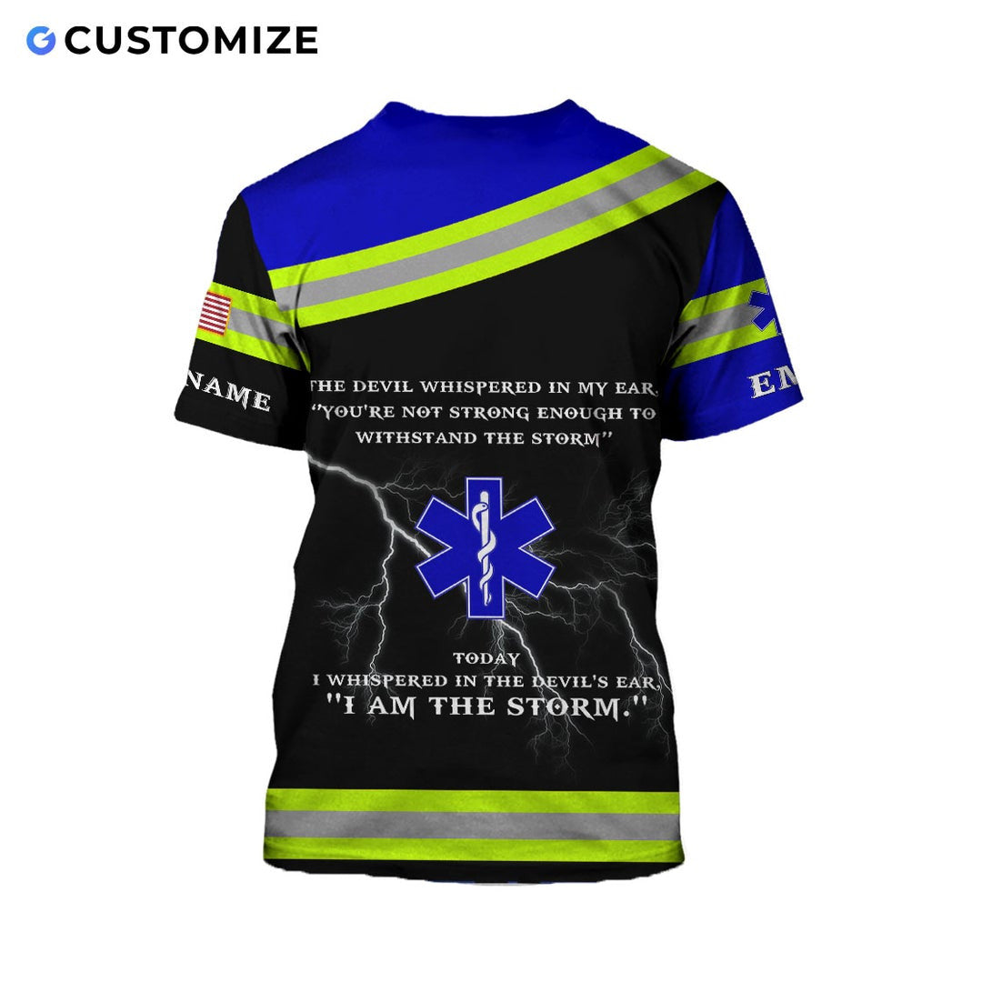Personalized EMS paramedic t-shirt featuring white skull and emt print all-over print, back view