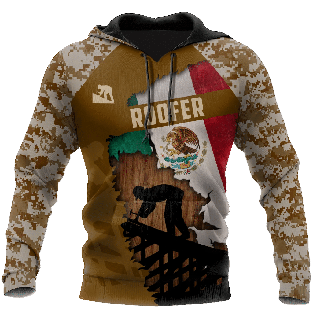 Roofer hoodie featuring Mexican flag roofer silhouette and camouflage all-over print
