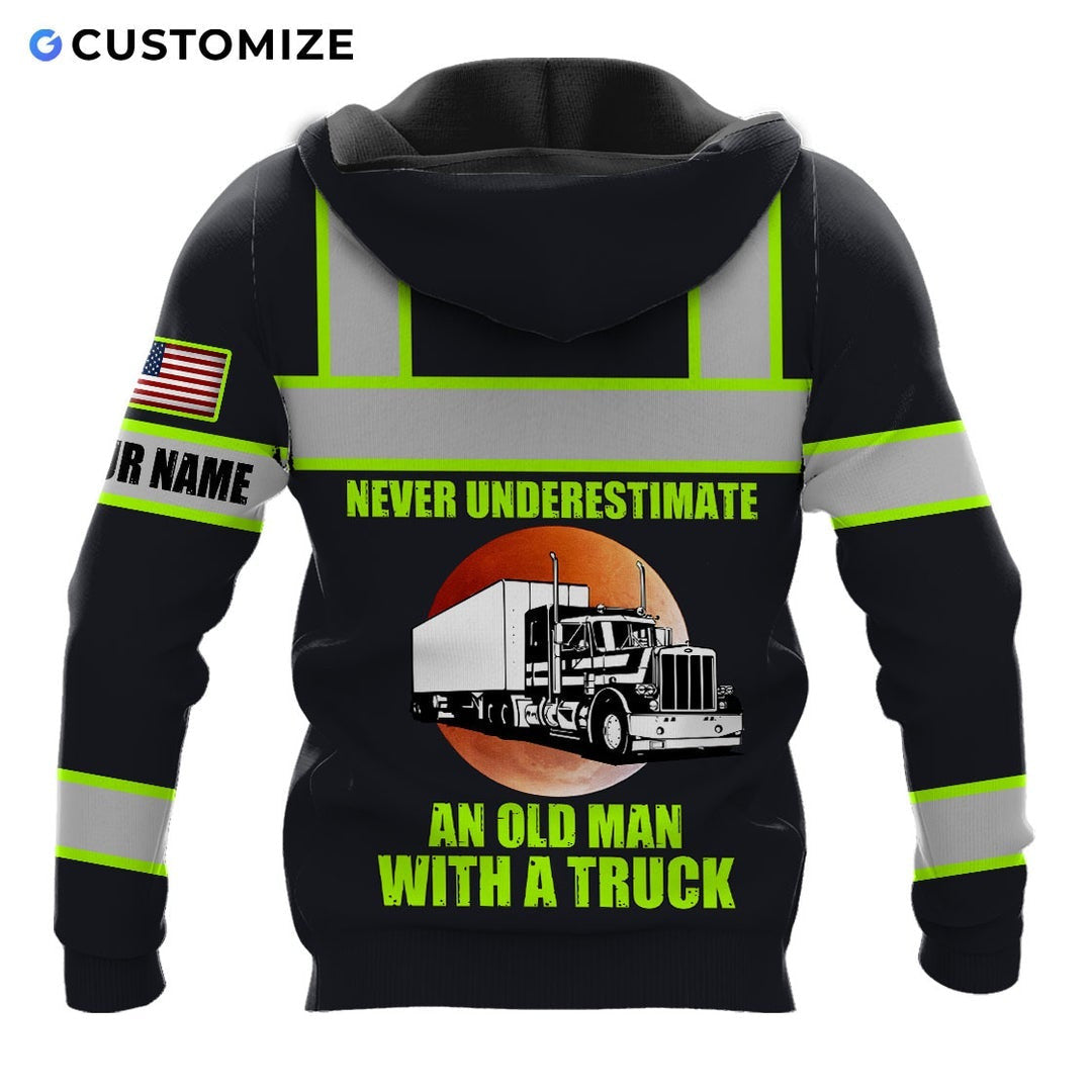 Personalized trucker hoodie featuring black yellow stripe trucker badge all-over print, back view