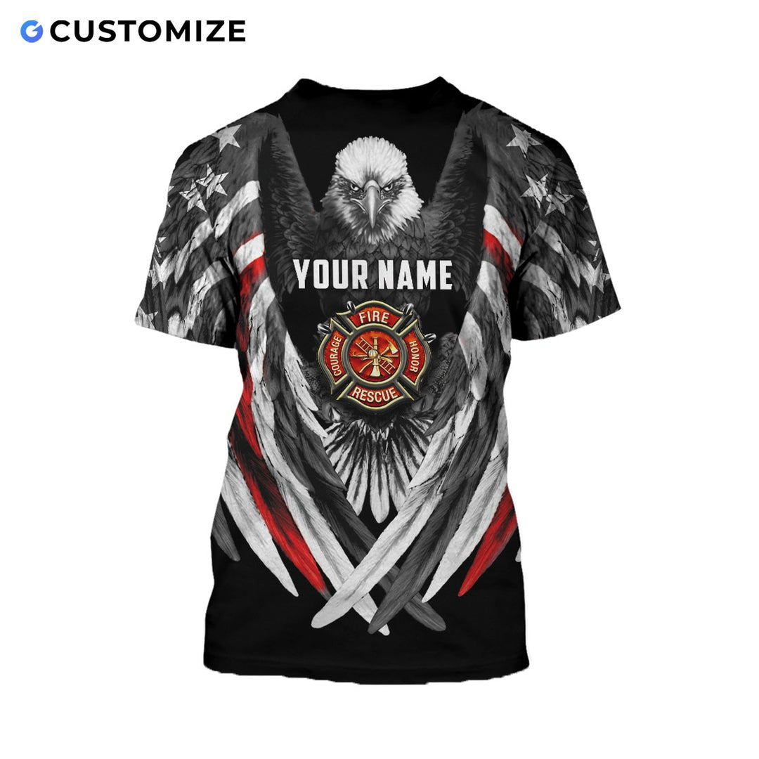 Personalized firefighter t-shirt featuring eagle wings fire badge all-over print, back view