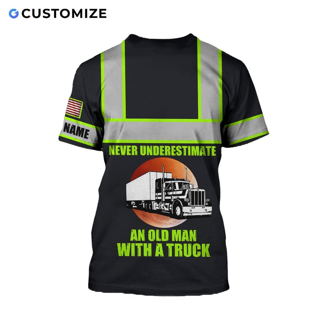 Personalized trucker t-shirt featuring black yellow stripe trucker badge all-over print, back view