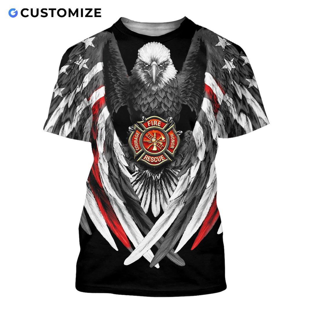 Personalized firefighter t-shirt featuring eagle wings fire badge all-over print, short-sleeve design