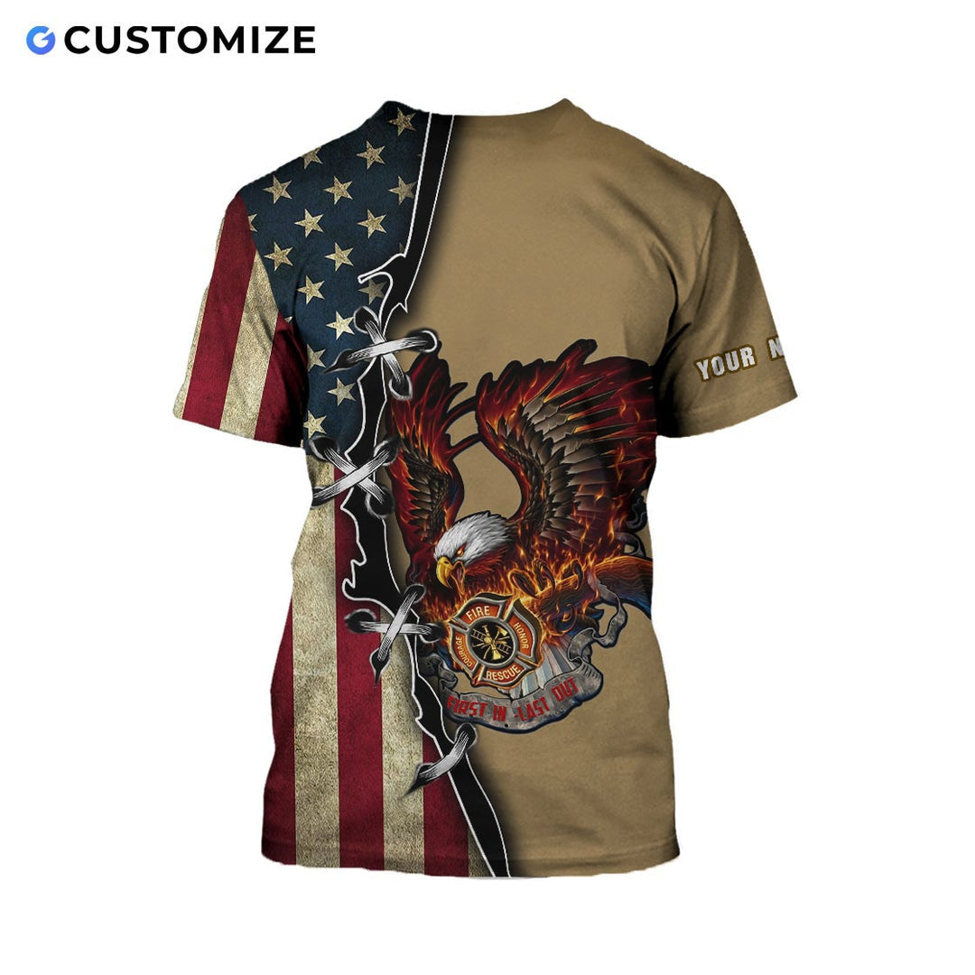 Personalized firefighter t-shirt featuring flame eagle and american flag all-over print, back view