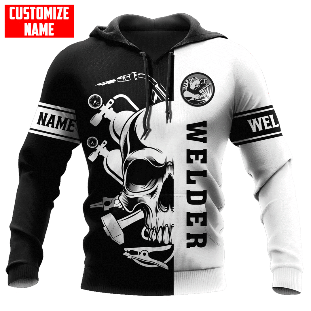 Personalized welder hoodie featuring black white welder skull all-over print