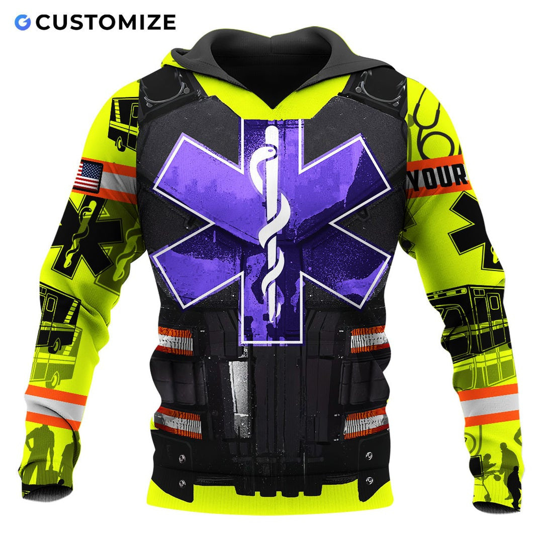 Personalized EMS paramedic hoodie featuring purple star of life vest print all-over print