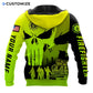 Personalized firefighter hoodie featuring neon yellow skull print all-over print, back view