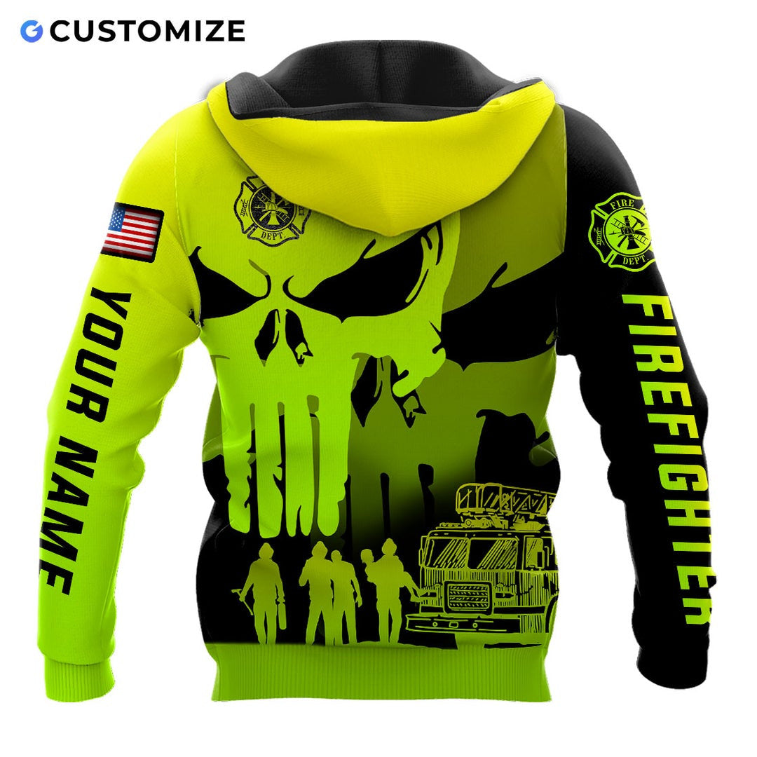 Personalized firefighter hoodie featuring neon yellow skull print all-over print, back view