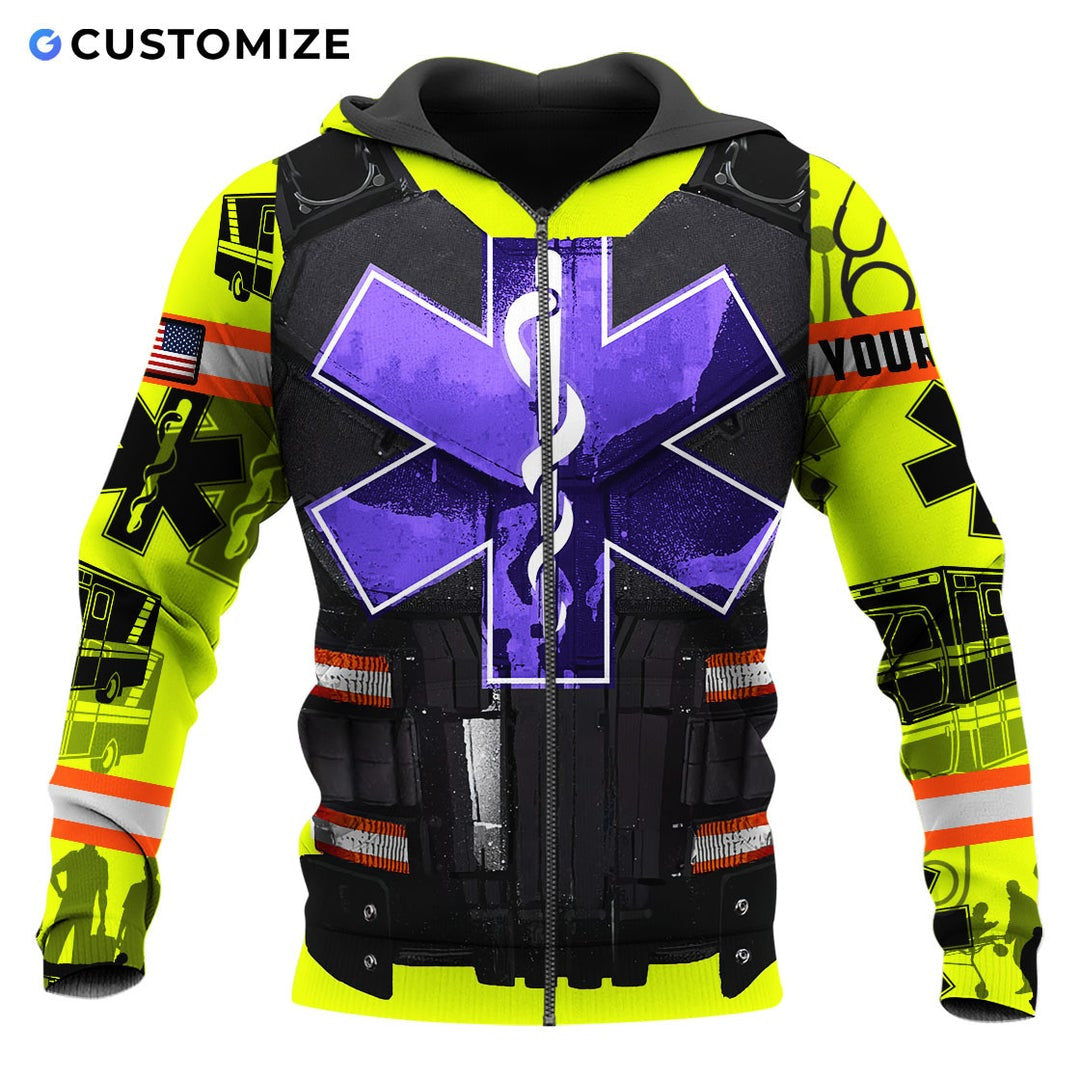 Personalized EMS paramedic zip hoodie featuring purple star of life vest print all-over print, zip-front design
