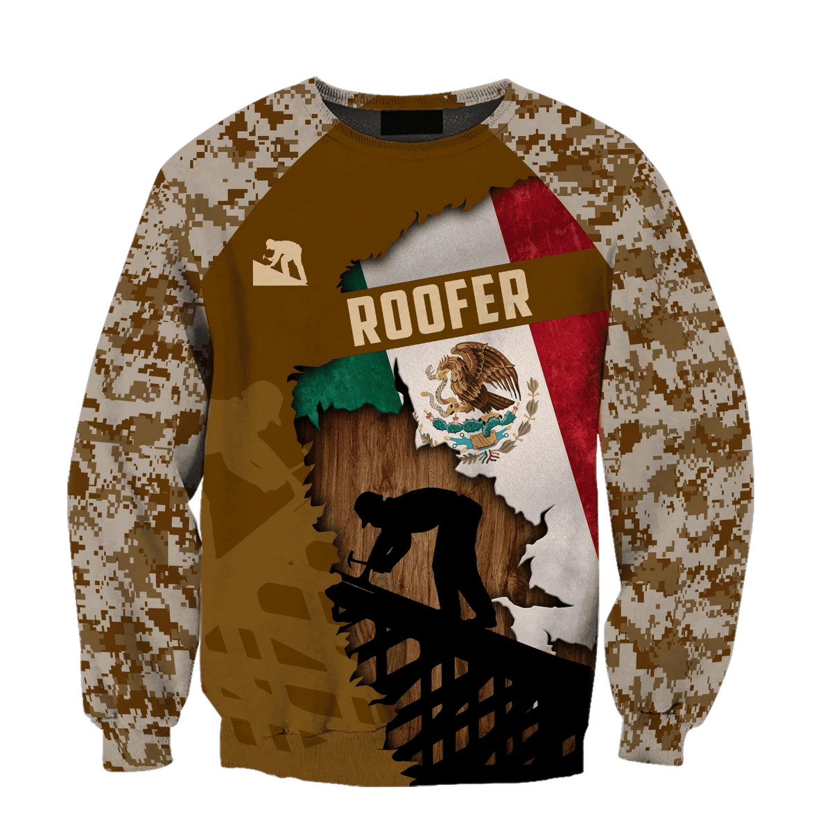 Roofer sweatshirt featuring Mexican flag roofer silhouette and camouflage all-over print