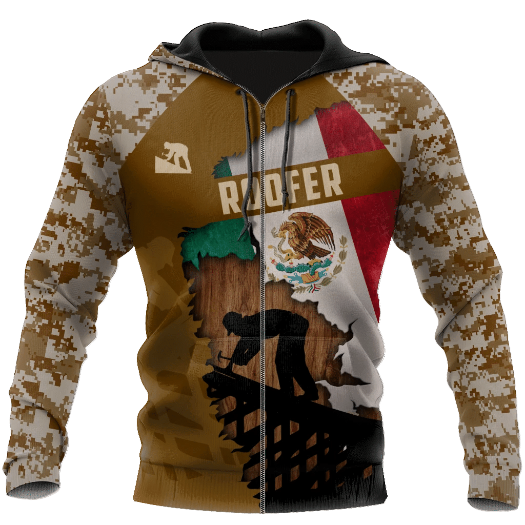 Roofer zip hoodie featuring Mexican flag roofer silhouette and camouflage all-over print