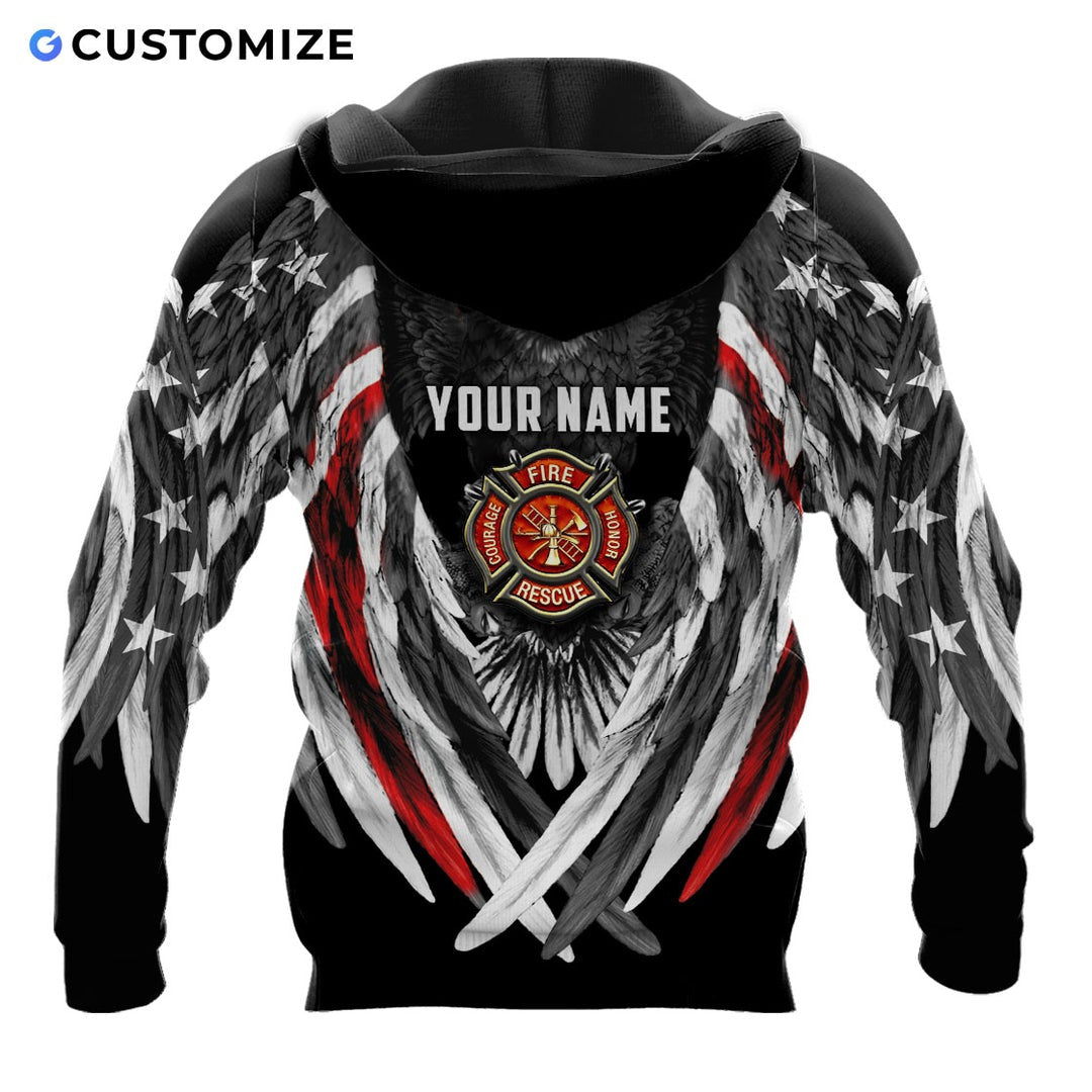 Personalized firefighter hoodie featuring eagle wings fire badge all-over print, back view