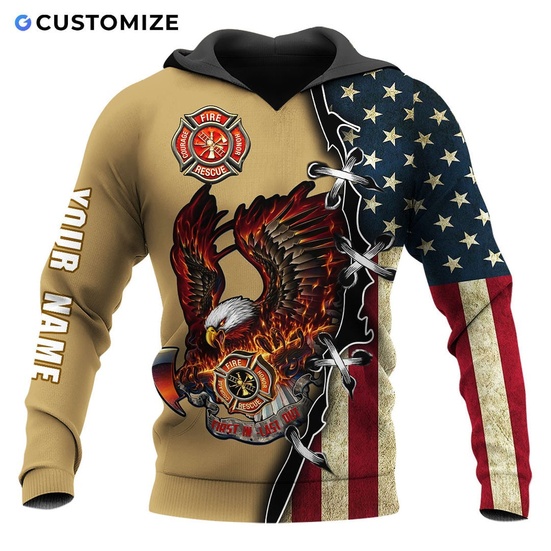 Personalized firefighter hoodie featuring flame eagle and american flag all-over print