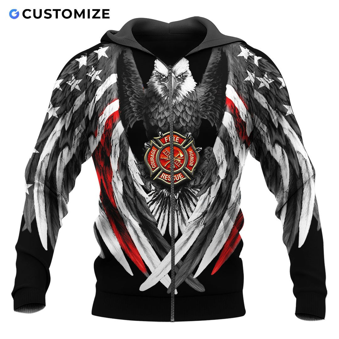 Personalized firefighter zip hoodie featuring eagle wings fire badge all-over print, zip-front design