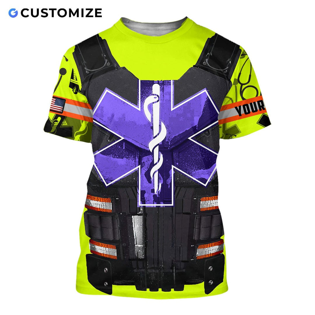 Personalized EMS paramedic t-shirt featuring purple star of life vest print all-over print, short-sleeve design