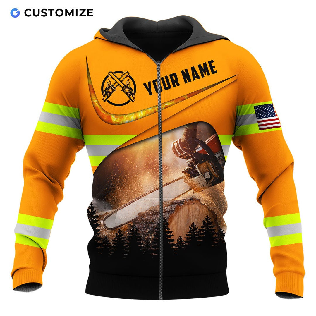 Personalized logger zip hoodie featuring orange forest chainsaw scene all-over print, zip-front design