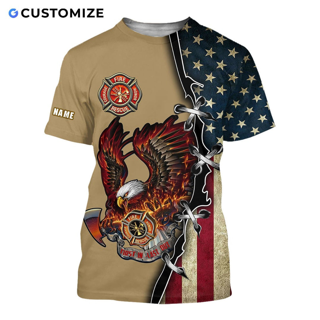 Personalized firefighter t-shirt featuring flame eagle and american flag all-over print, short-sleeve design